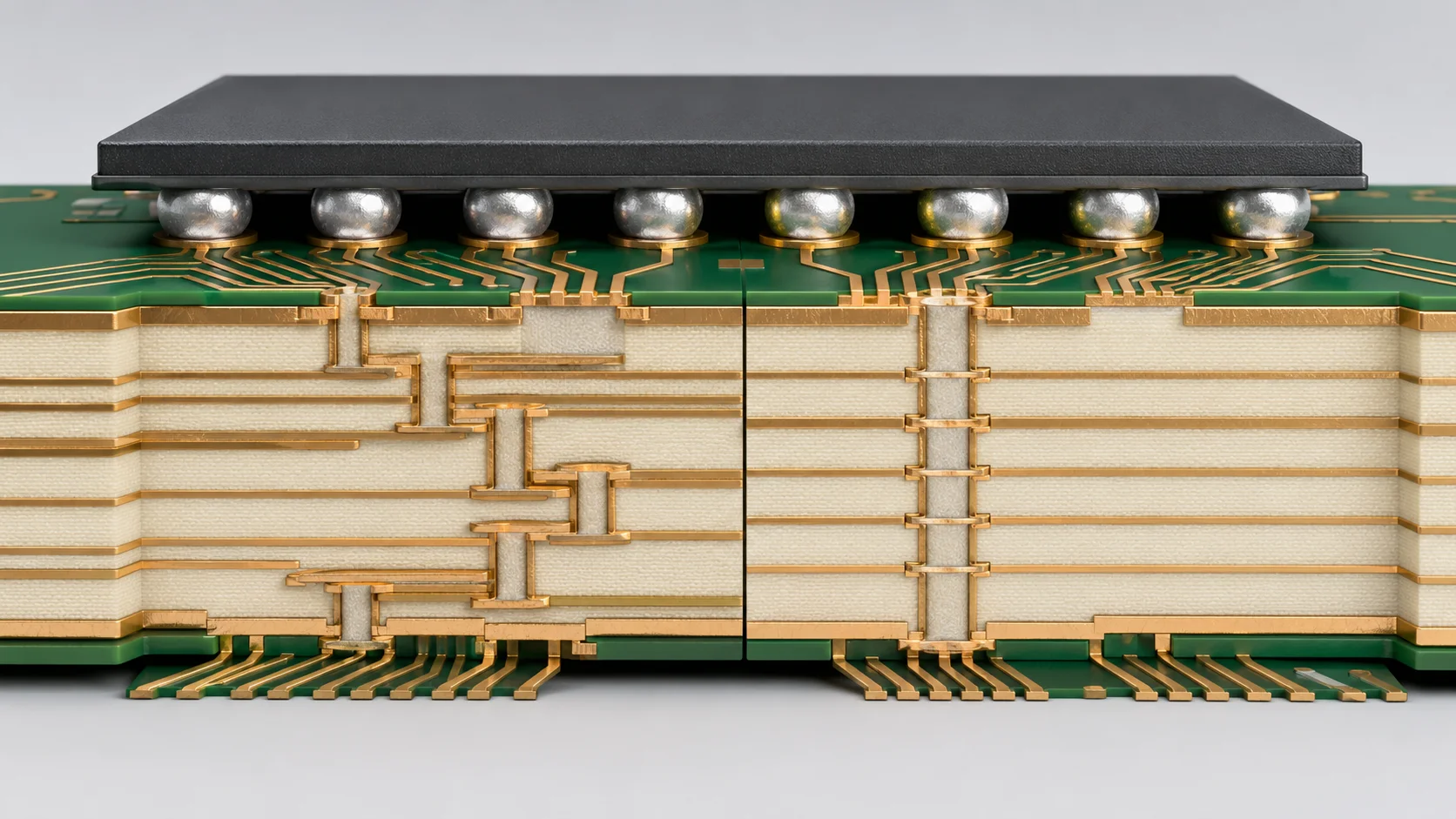 0.4mm BGA HDI PCB cross-section showing filled via-in-pad microvias and multilayer fanout routing