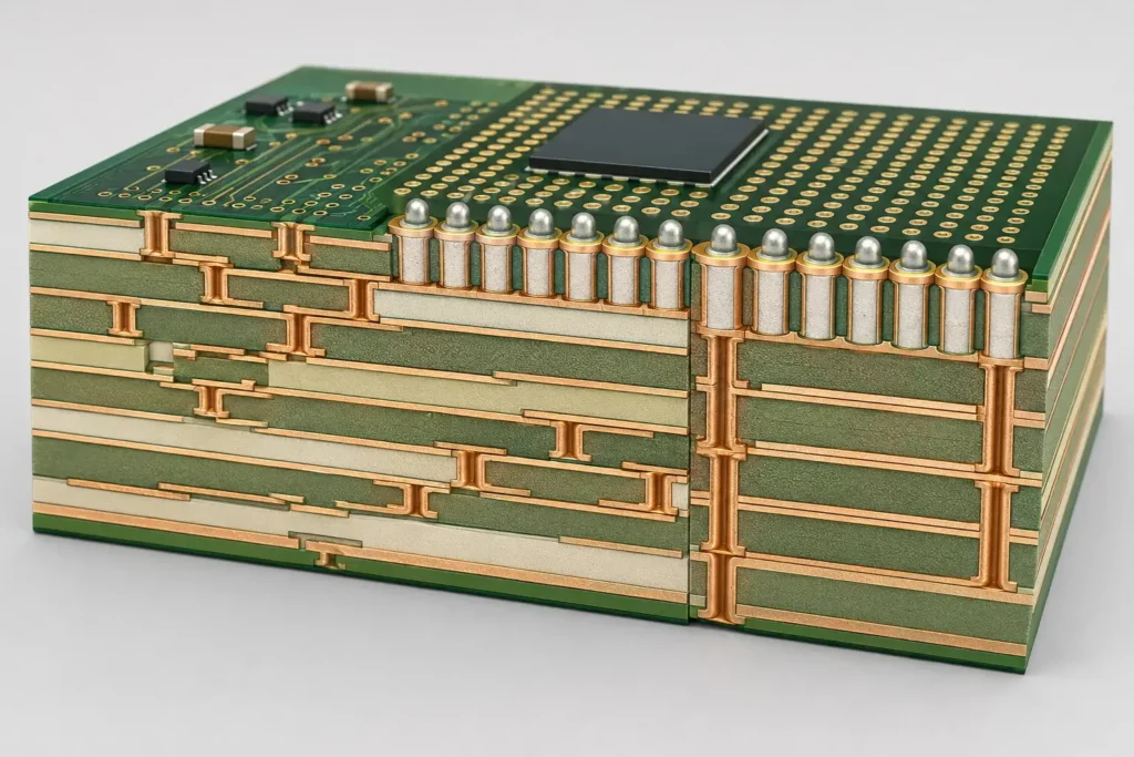 HDI PCB cost drivers showing microvias, sequential lamination layers and filled via-in-pad structures