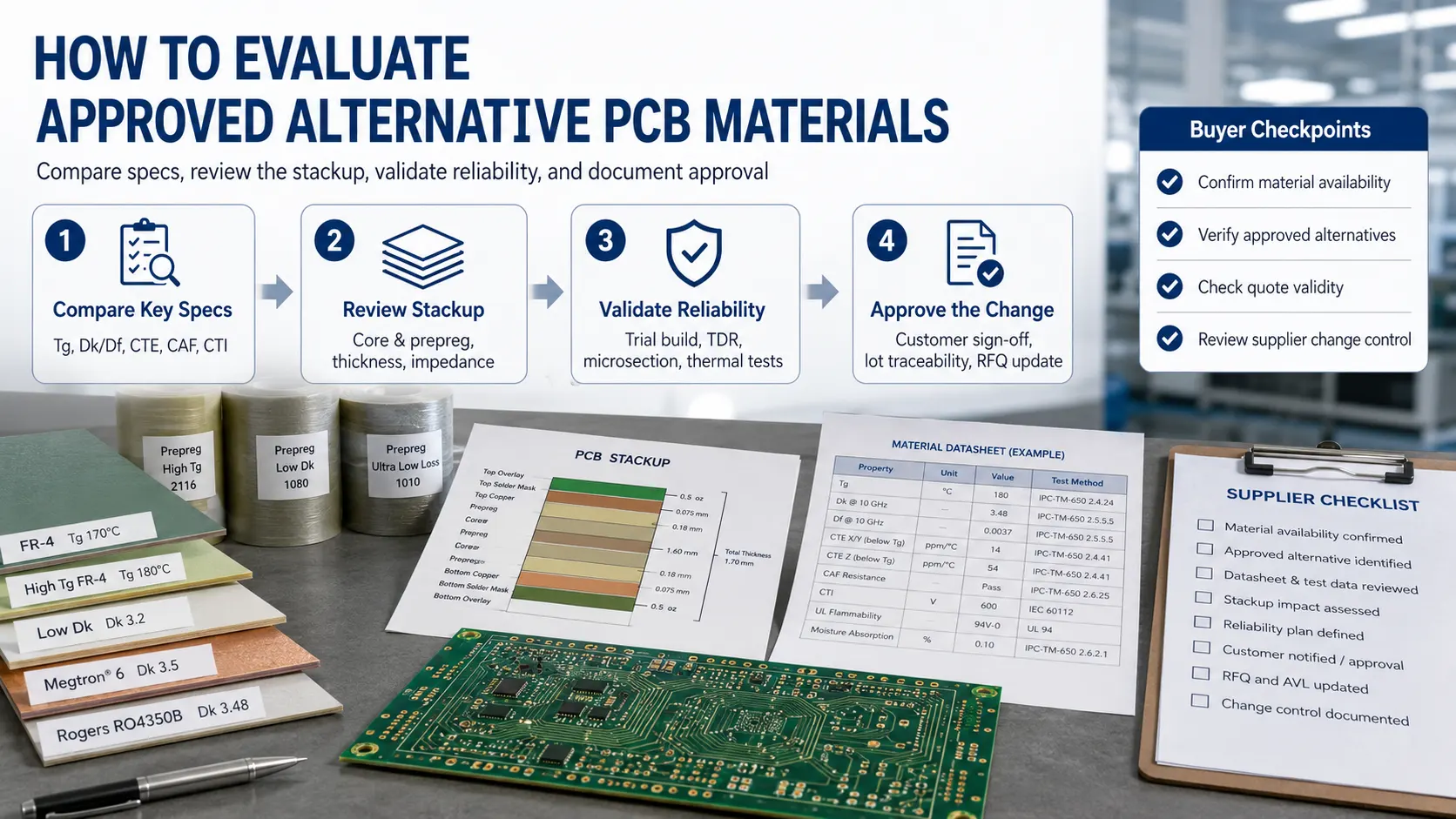 Four-step guide to approved PCB material alternatives: compare key specifications, review the stackup, validate reliability, and document approval