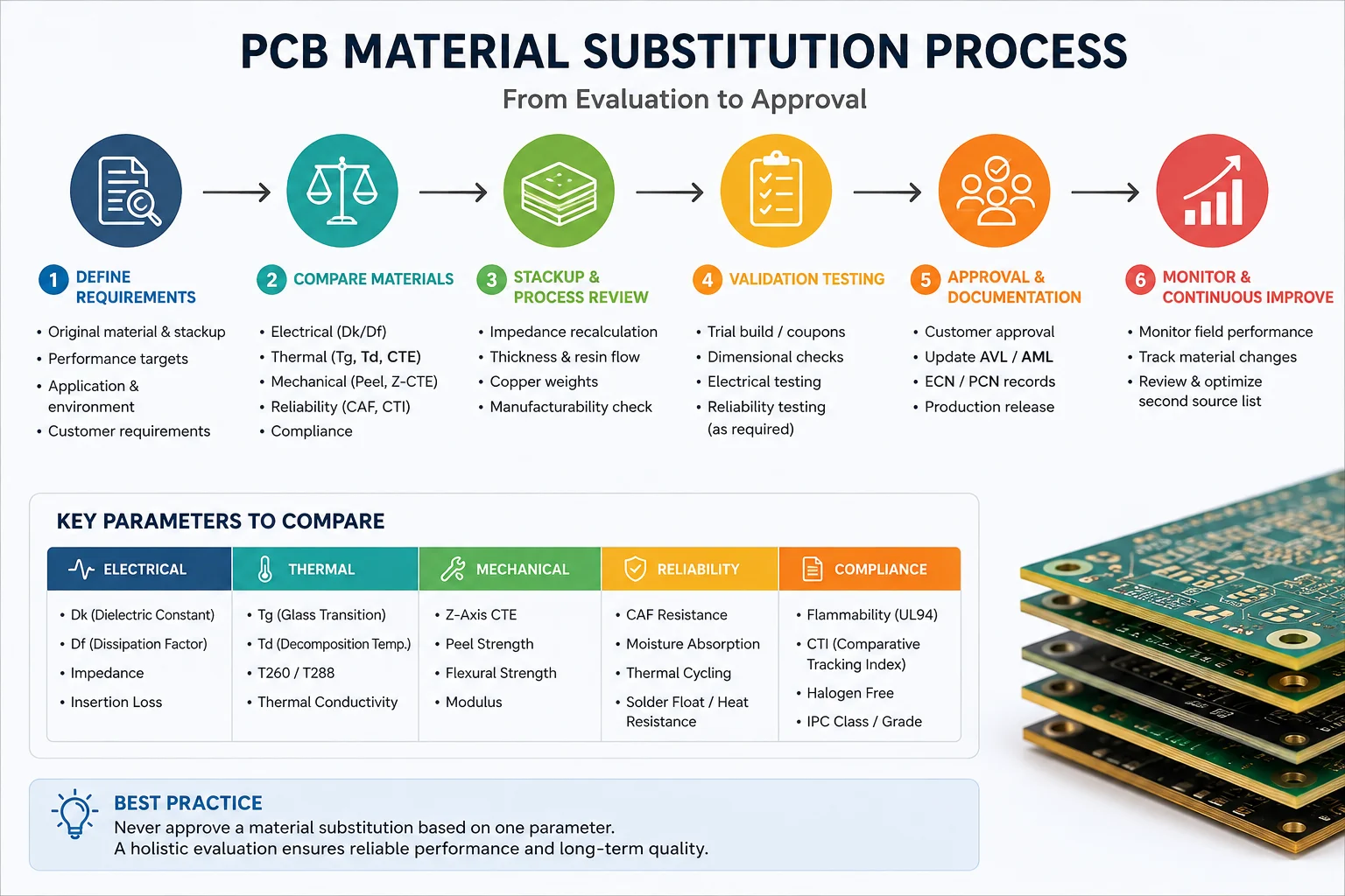 Six-step PCB material substitution process covering material comparison, stackup review, validation testing, approval, documentation, and production monitoring