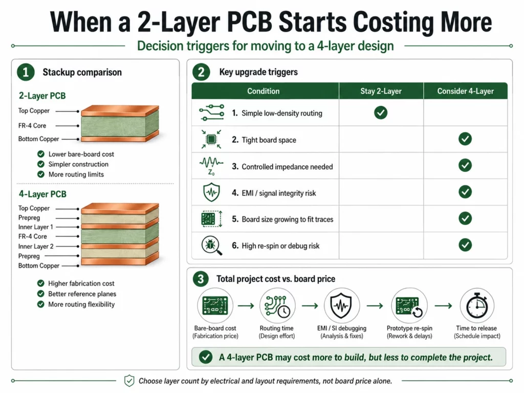 2-layer PCB vs 4-layer PCB decision matrix showing stackup, EMI, controlled impedance, routing, and total project cost
