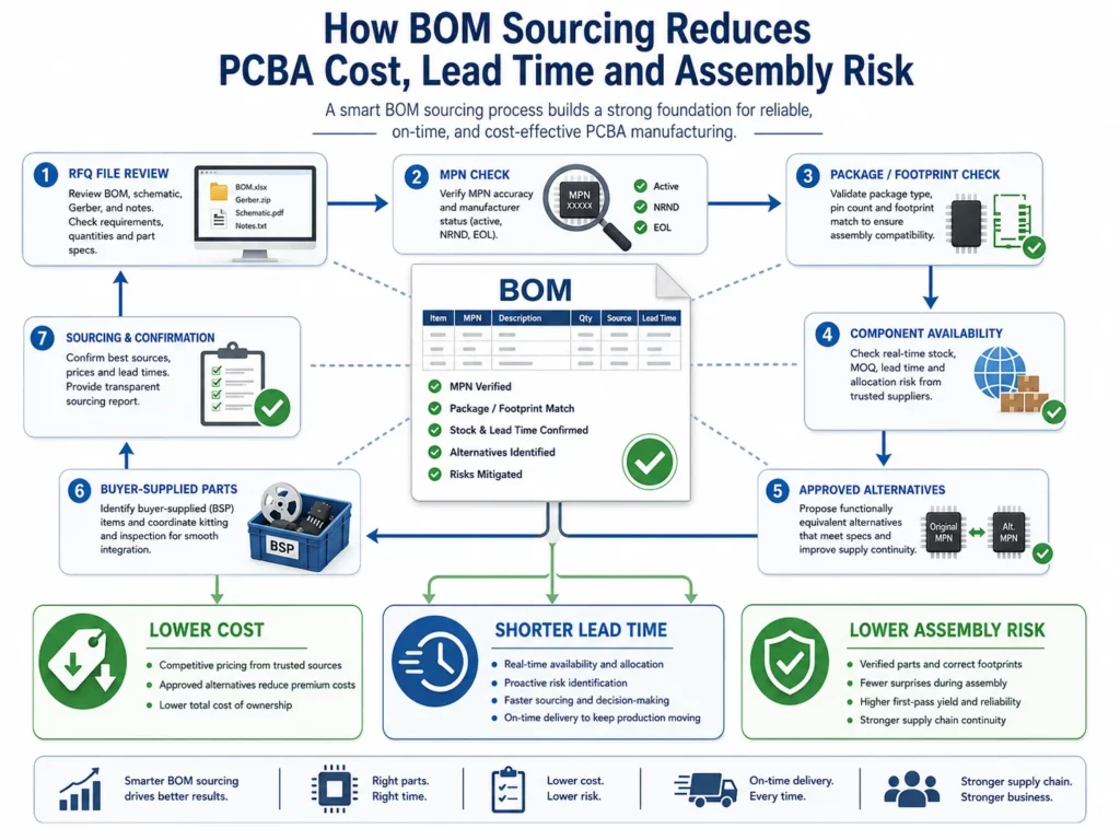 BOM sourcing workflow showing MPN check, package footprint review, component availability and approved alternatives for lower PCBA cost, shorter lead time and reduced assembly risk
