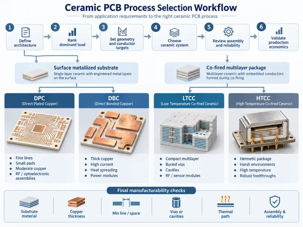 Ceramic PCB process selection workflow comparing DPC, DBC, LTCC and HTCC by circuit architecture, copper requirements, multilayer integration, thermal load and reliability needs