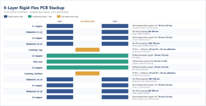 Figure 2. 6-layer rigid-flex stackup cross-section with example layer values - planning reference, not a specification