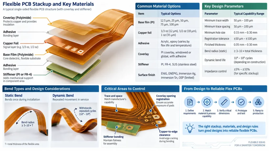 Flexible PCB stackup, materials, bend types, and key parameters used to evaluate a flexible PCB manufacturer