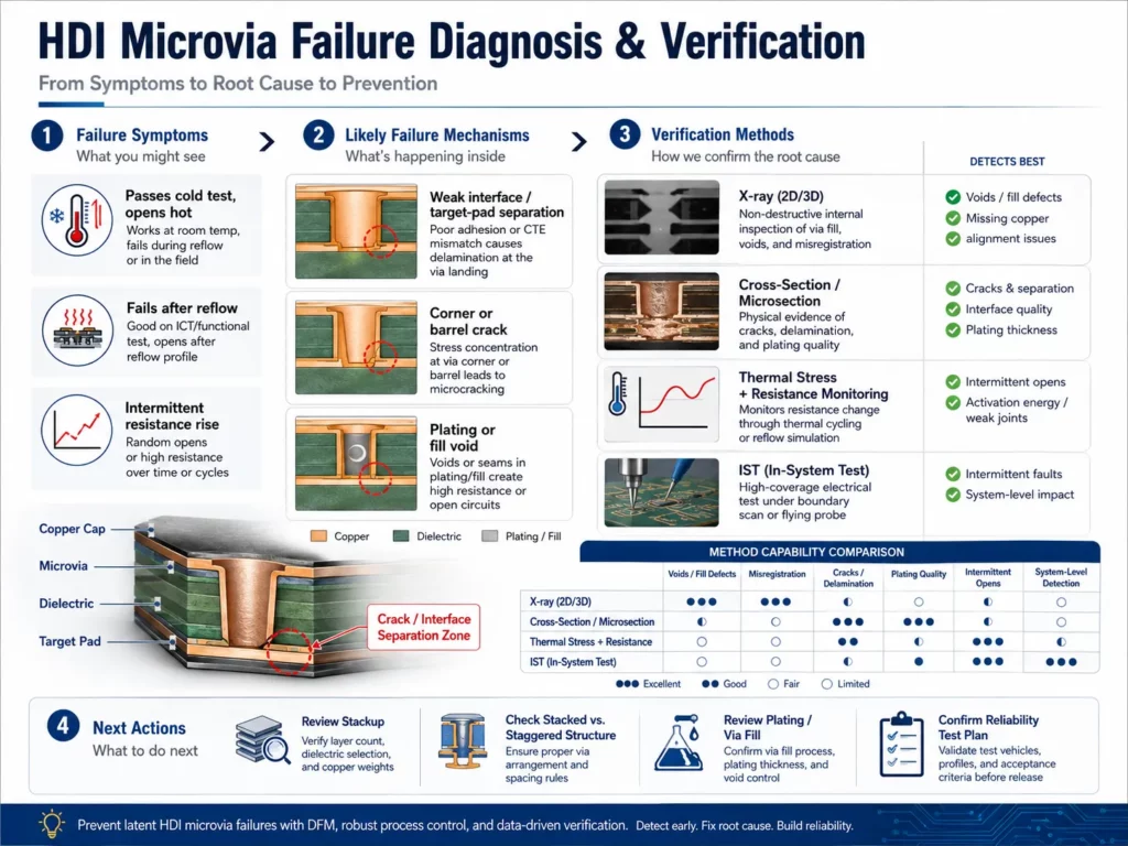 HDI PCB microvia failure diagnosis showing reflow and thermal cycling symptoms, cracking, plating defects, and X-ray, microsection, and IST verification