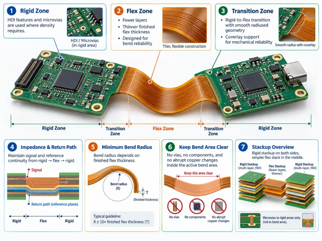 Rigid-flex PCB stackup diagram showing rigid, flex and transition zones, HDI microvias, impedance return paths, bend radius, and bend-area keepouts