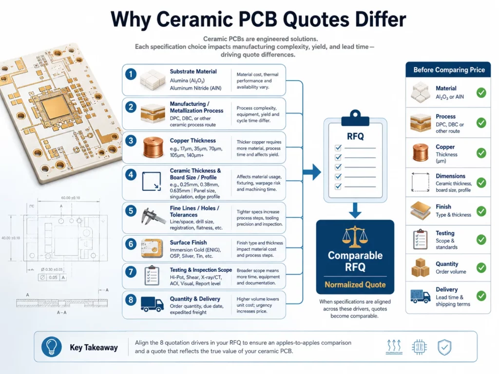 ceramic PCB quote cost drivers including substrate material, copper thickness, dimensions, tolerances, surface finish, testing, quantity, and delivery