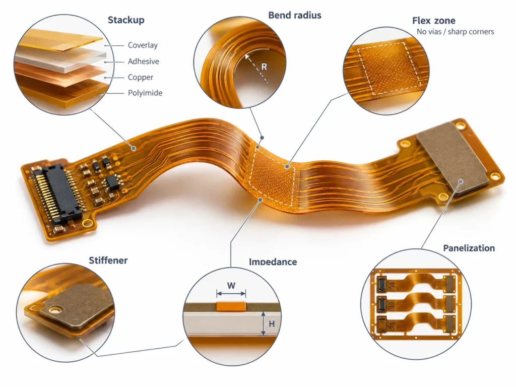 Flex PCB design diagram showing stackup, bend radius, flex zone, stiffener, impedance, and panelization